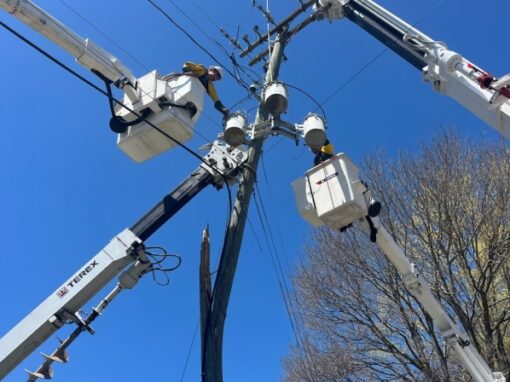 NRLP lineworkers quickly and safely restore power and replace a utility pole hit by a vehicle in 2023. Photo courtesy of NRLP