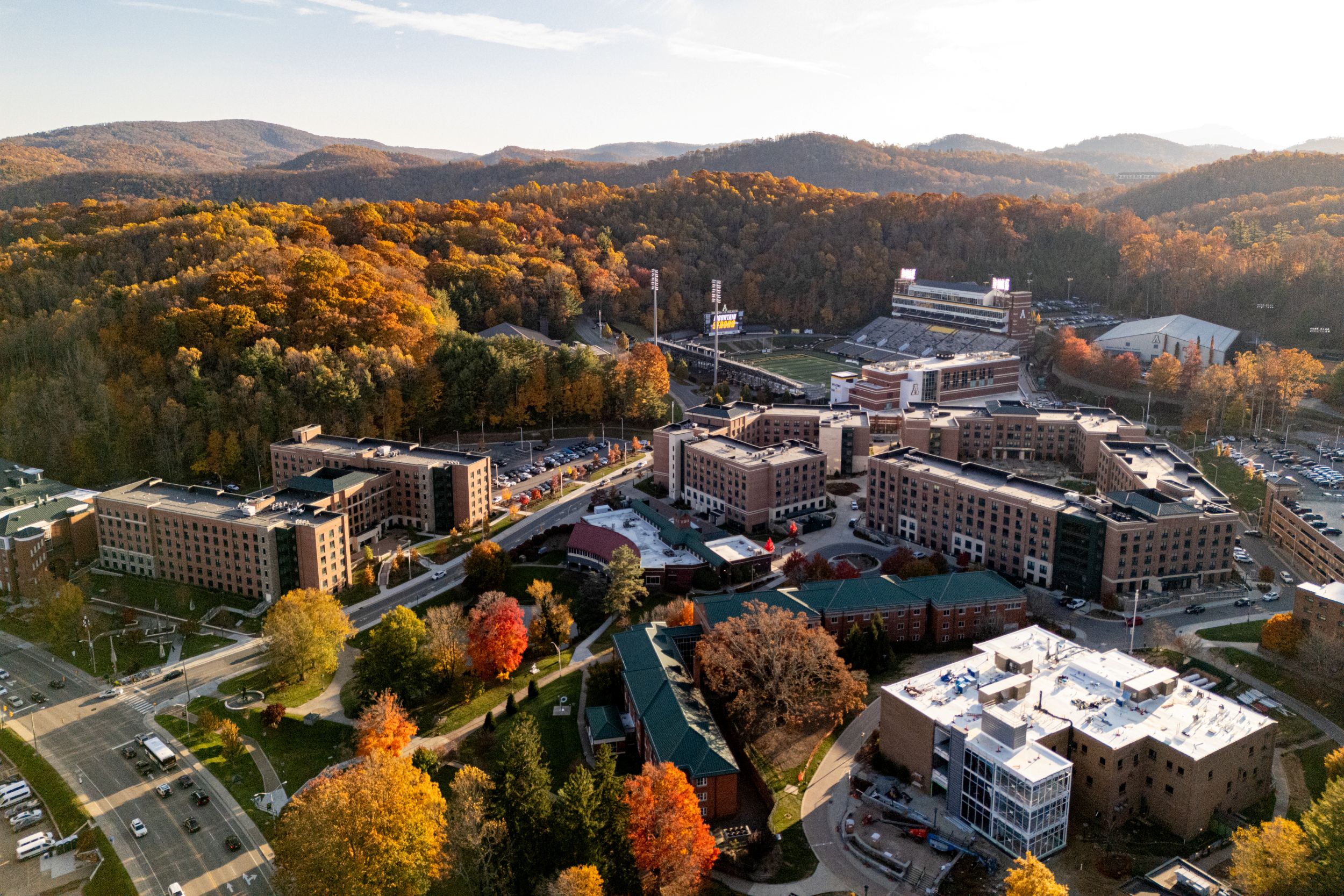 Bird's eye view of App State's Boone campus in the fall.