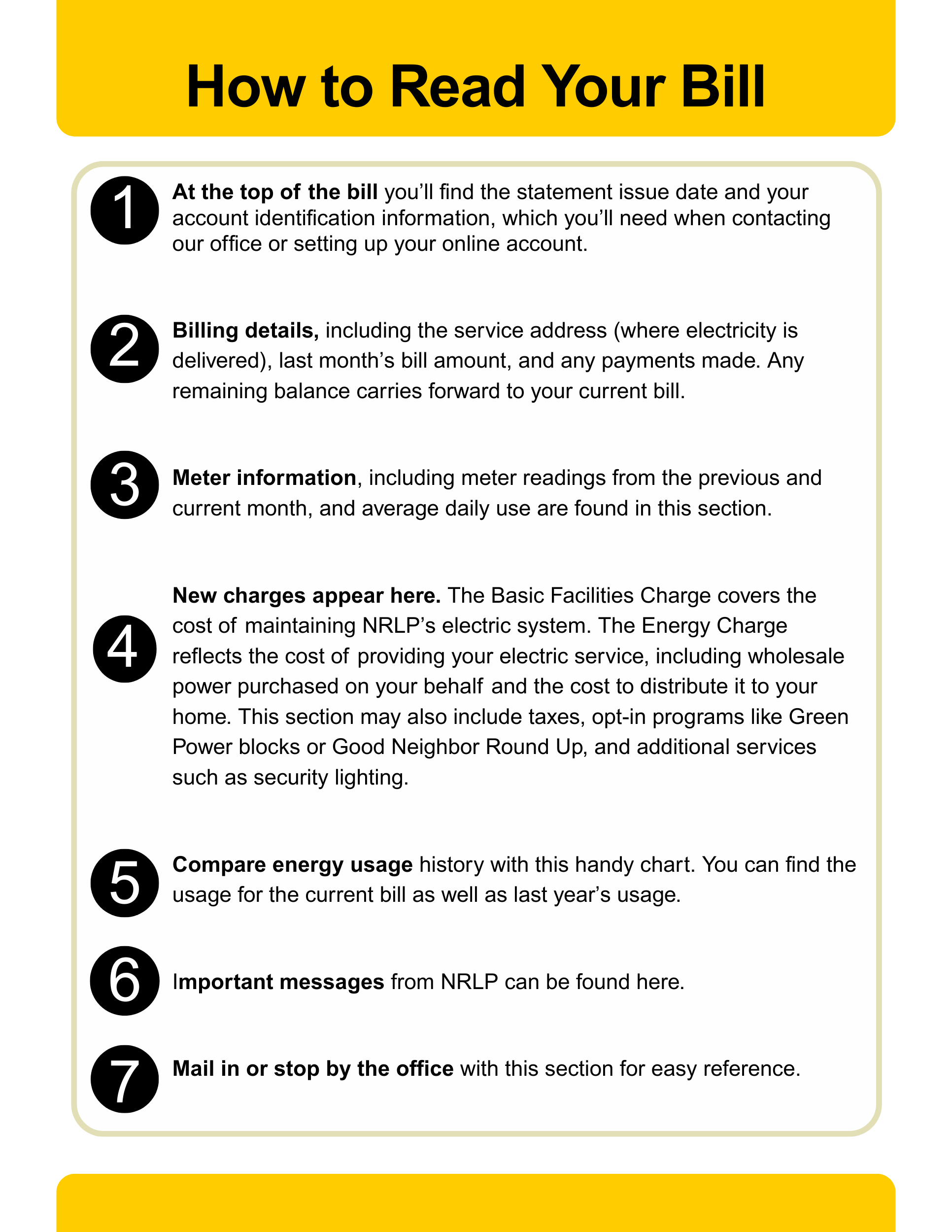 An image explaining the different sections of an NRLP residential bill. 