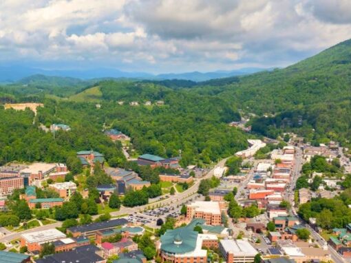 Aerial photo of Boone in the summer with mountains in the background