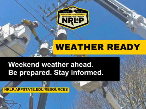 Weather Ready: Weekend weather ahead. Be prepared. Stay informed. Graphics include background photo of linemen and NRLP logo.